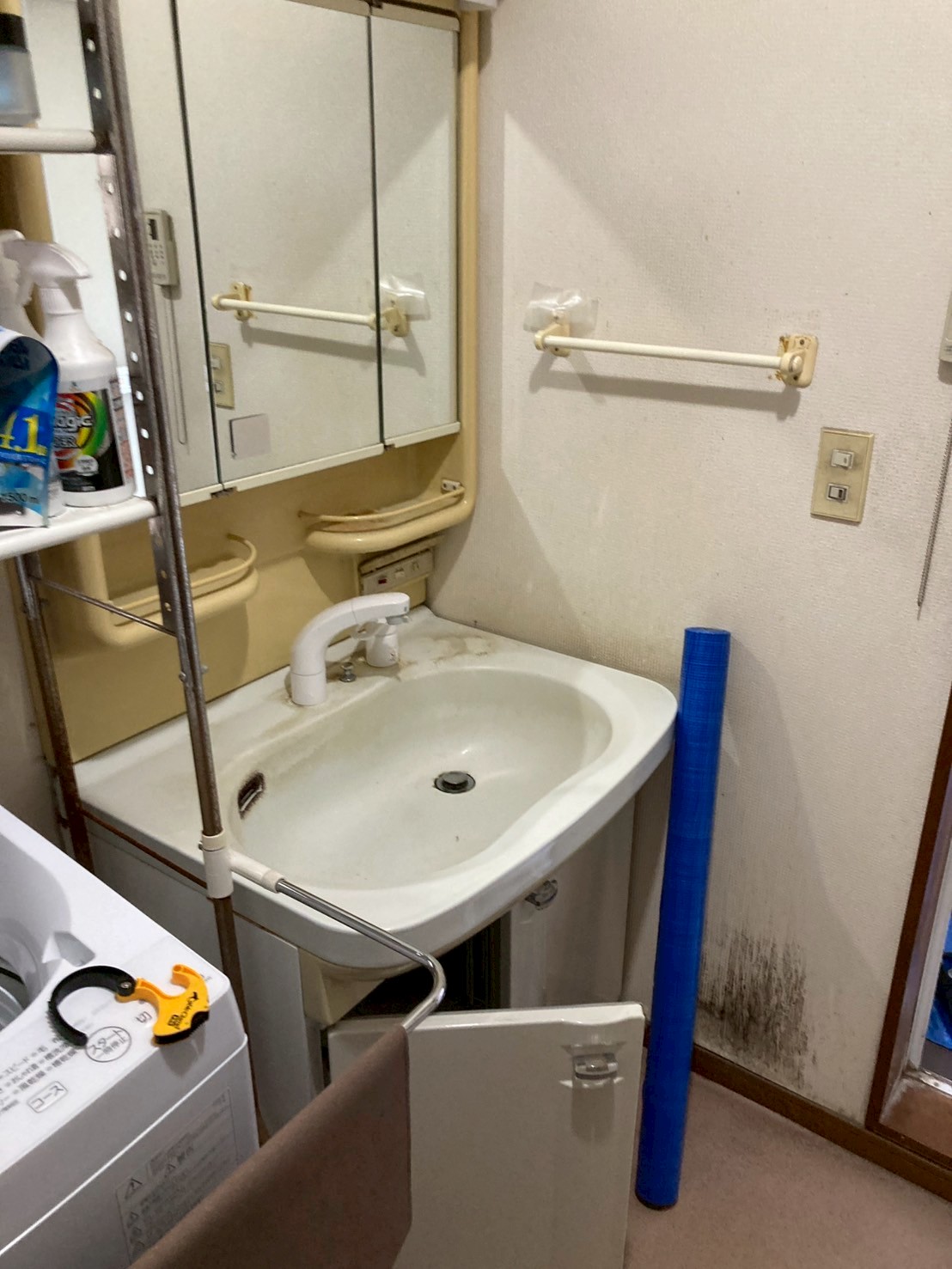 洗面所の既存洗面化粧台（経年劣化・変色）と洗濯機置き場の壁面カビ汚染