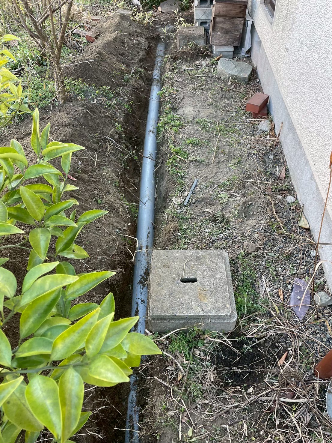 工事完了後の建物外壁沿いの全景。新設VP管の経路が整然と埋設され、角形コンクリート桝蓋が設置されている状態