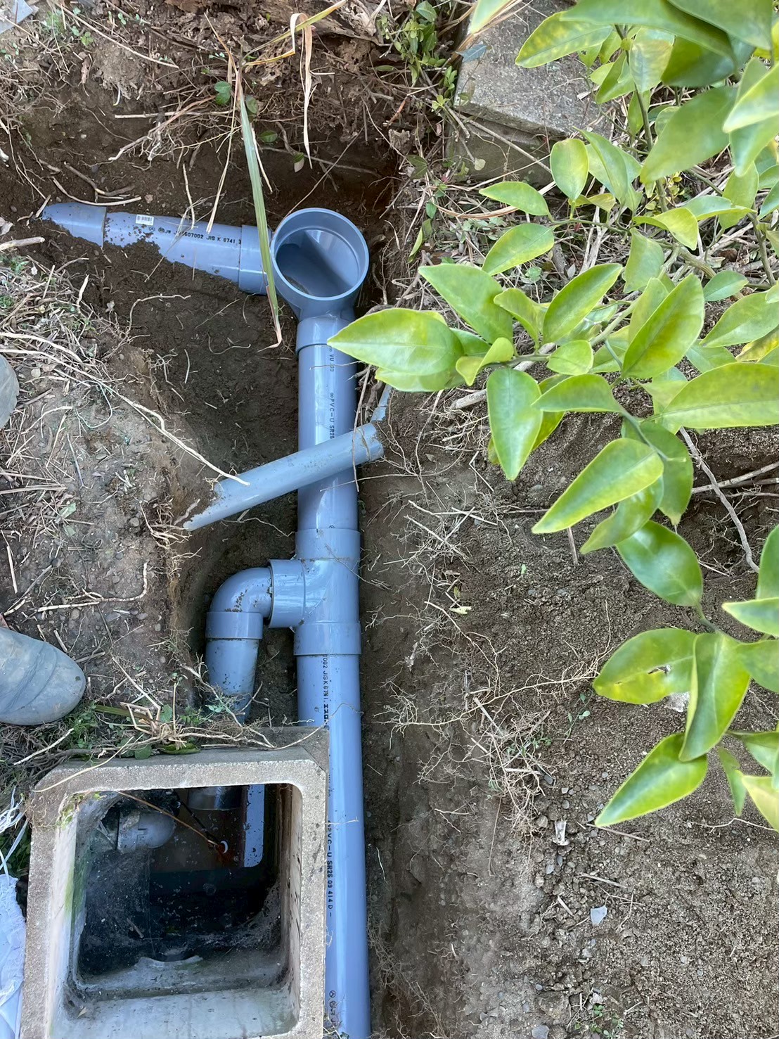 新設VP管の合流接続部（チーズ継手）と新規排水桝への接続状況。複数系統の排水を合流させた新規配管が完成しつつある